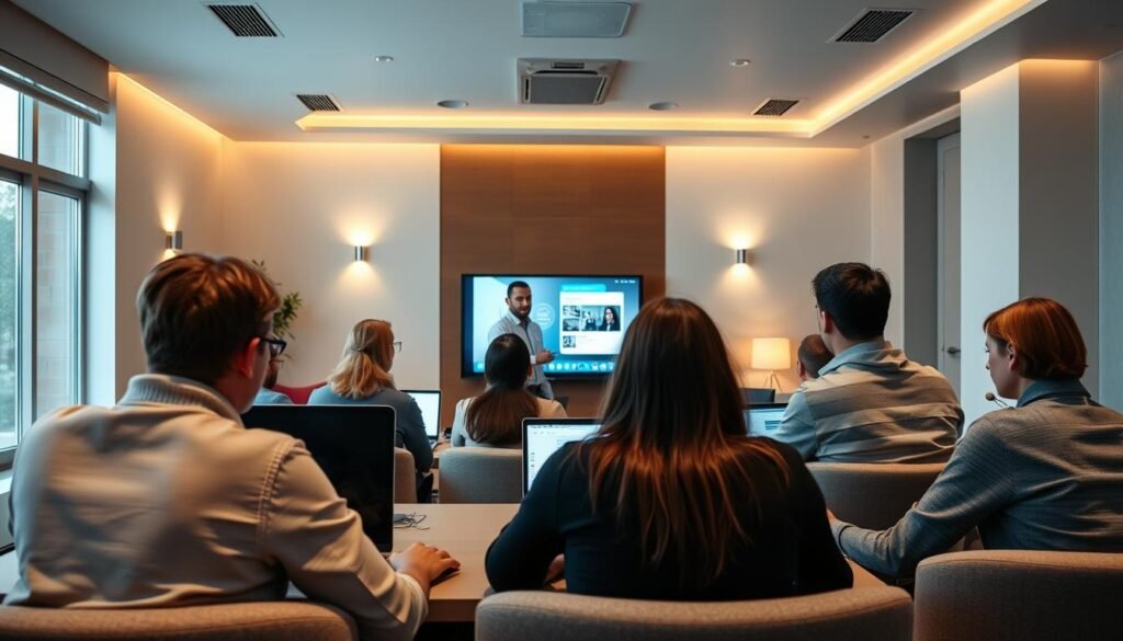 A modern, well-lit classroom setting with a comfortable, inviting atmosphere. In the foreground, a group of adult learners intently focus on their laptop screens, engaged in an online course led by an expert instructor. The middle ground features the instructor, a confident and knowledgeable individual, guiding the students through the course material using a large presentation screen. The background showcases a minimalist, visually appealing room design with warm lighting, sleek furniture, and large windows allowing natural light to flow in, creating an overall sense of professionalism and expertise.