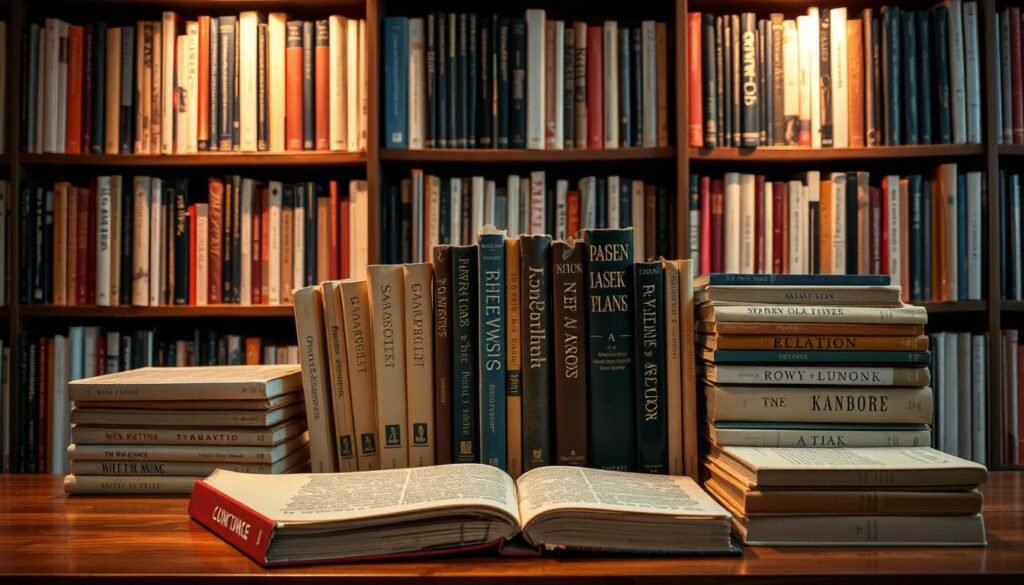 A neatly organized display showcasing the distinct features of new and used books. In the foreground, a pair of hardcover books - one pristine and dust-jacketed, the other well-worn with a cracked spine. In the middle ground, an array of paperbacks in varying conditions, from crisp and untouched to aged and dog-eared. The background features bookshelves stocked with a diverse collection, illuminated by warm, directional lighting that casts subtle shadows, creating depth and texture. The overall scene conveys the contrast between the pristine allure of new books and the character-rich charm of pre-owned volumes, inviting the viewer to appreciate the unique appeal of both.
