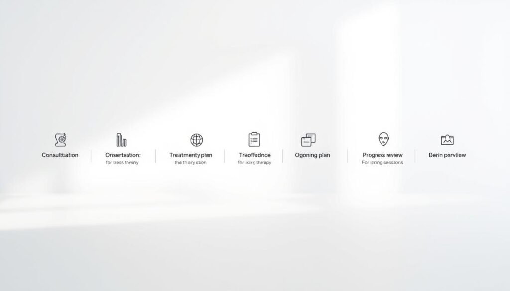 A neatly organized set of therapy program steps laid out against a serene, soft-focus background. In the foreground, a series of simple, minimalist icons representing the key stages of the therapeutic process - consultation, assessment, treatment plan, ongoing sessions, and progress review. The middle ground features a clean, airy layout with ample white space, lending a sense of tranquility and focus. Subtle lighting casts a gentle glow, creating a calming, therapeutic atmosphere. The overall aesthetic is modern, inviting, and visually coherent, reflecting the approachable and professional nature of the online therapy service.