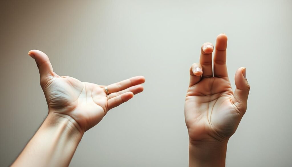 A pair of human hands, one reaching out in compassion, the other withdrawn in self-protection. The outstretched hand is open, palm up, conveying empathy and a desire to help. The other hand is clenched, fingers curled inward, signifying a more reserved, self-focused emotional state. A soft, muted color palette creates a contemplative, introspective mood. Diffused, natural lighting illuminates the hands from above, casting subtle shadows that highlight the distinction between the two gestures. The background is blurred, keeping the focus on the interplay between the contrasting hand poses, visually representing the core differences between sympathy and empathy.