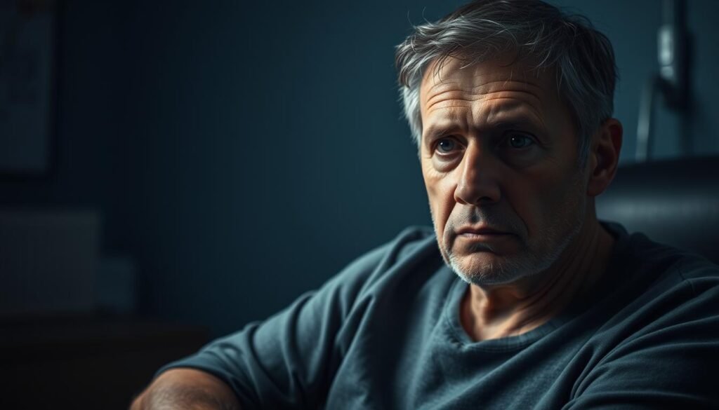 A patient sitting in a clinical setting, deep in contemplation, their face etched with the weight of chronic depression. The environment is dimly lit, with muted tones and a sense of introspection. Subtle lighting highlights the subject's pensive expression, conveying the complex emotions associated with this mental health condition. The background is blurred, emphasizing the central figure and the somber atmosphere. The composition is balanced, allowing the viewer to focus on the subject's inner struggle. The overall aesthetic evokes a sense of empathy and a desire to understand the challenges of diagnosing and addressing chronic depression.