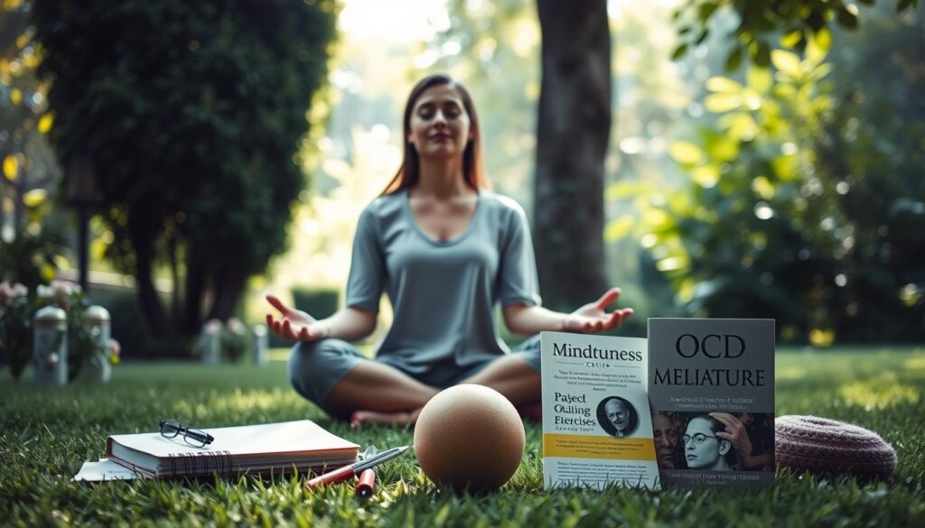 A peaceful, serene garden scene with a person sitting cross-legged, eyes closed, practicing mindfulness meditation. Soft, natural lighting filters through the lush foliage in the background, creating a calming atmosphere. In the foreground, various coping tools are artfully arranged, such as a journal, stress ball, and breathing exercises guide. The person's expression is one of focus and tranquility, conveying the restorative power of self-care strategies for managing OCD symptoms.