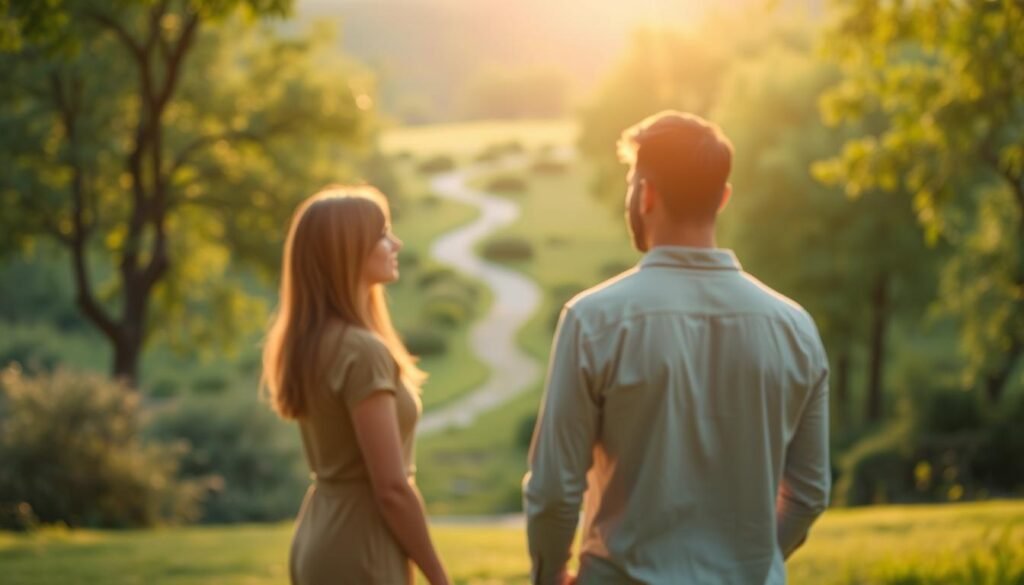 A peaceful, serene scene depicting the importance of healthy relationships. In the foreground, two figures stand facing each other, their body language conveying warmth and openness. The middle ground features a lush, verdant landscape with a winding path, symbolizing the journey of building strong connections. In the background, a soft, golden light illuminates the scene, creating a calming and inviting atmosphere. The overall composition emphasizes the harmony, trust, and mutual understanding that characterize healthy relationships. Captured with a wide-angle lens, the image conveys a sense of balance, connection, and the profound impact of cultivating positive interpersonal dynamics.