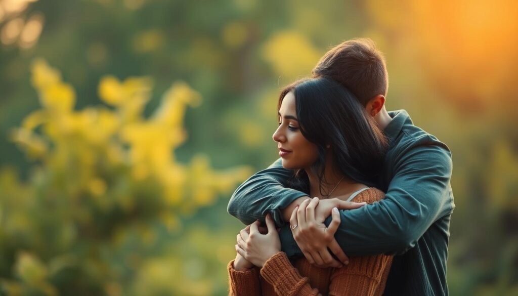 A peaceful, warm-toned scene depicting the intricate relationship between mental health and human connections. In the foreground, a serene couple embracing, their faces radiating understanding and emotional intimacy. In the middle ground, a soft, blurred background of lush greenery and natural light, symbolizing the nurturing environment essential for emotional well-being. The overall atmosphere conveys a sense of tranquility, harmony, and the profound impact that meaningful relationships can have on mental health.