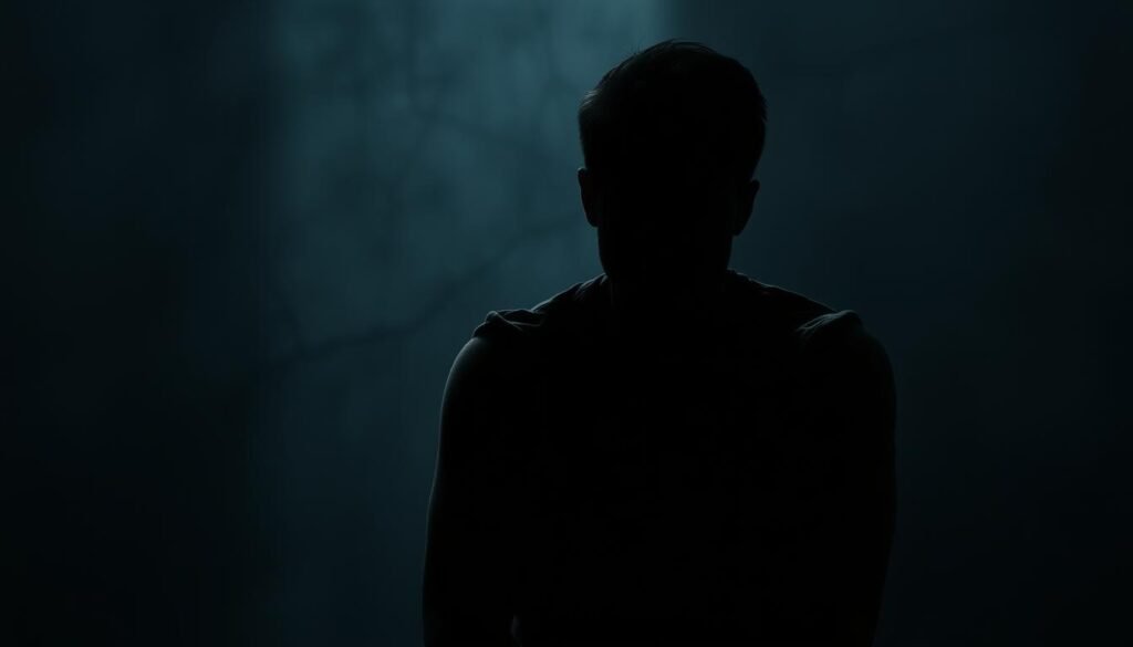 A pensive figure sits in a dimly lit room, their face obscured by shadows. The background is hazy, with muted colors and a sense of psychological tension. Subtle cracks and distortions in the walls suggest the fragility of the environment, reflecting the internal turmoil experienced by the subject. The lighting is dramatic, casting deep shadows that shroud the figure's expression, leaving the viewer to interpret the emotional weight of the scene. The composition is balanced, with the central figure occupying a prominent position, drawing the viewer's attention to the emotional core of the image.