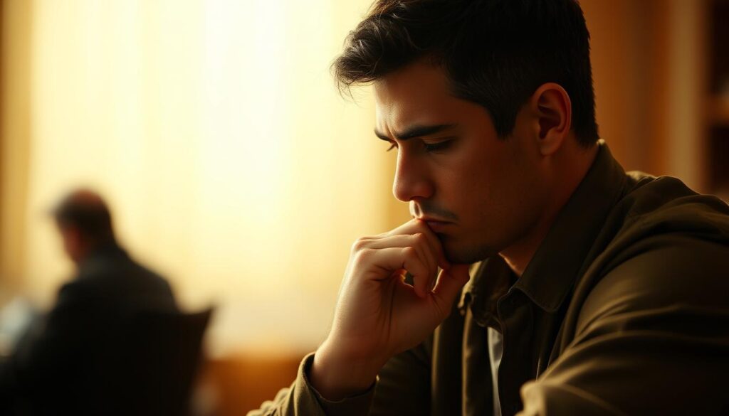 A pensive figure sits in deep contemplation, chin in hand, eyes downcast. The scene is bathed in soft, warm lighting, creating a contemplative atmosphere. The background is blurred, drawing the viewer's focus to the central subject. The figure's body language - the slight furrow of the brow, the thoughtful expression - conveys a sense of focused introspection. The image aims to capture the nuanced body language associated with deep, concentrated thought.