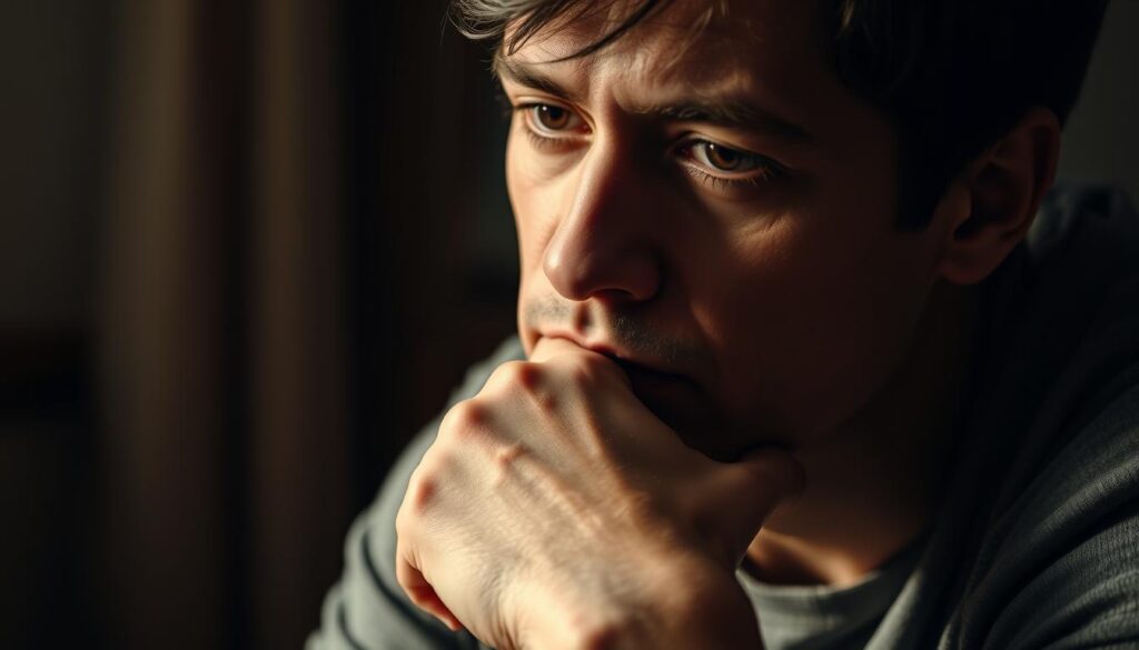 A pensive individual sitting in deep contemplation, their chin resting on their hand, eyes narrowed in introspective thought. The lighting is warm and subdued, casting subtle shadows that accentuate the planes of the face. The background is blurred, placing the focus entirely on the subject's body language and the psychological insight it conveys. The scene is captured with a medium-close framing, creating an intimate, almost voyeuristic, atmosphere that invites the viewer to interpret the subject's internal state.