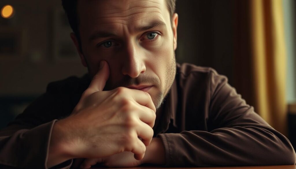 A pensive man, his chin resting thoughtfully on his hand, elbow propped on a table. Subtle lighting casts warm tones, creating an introspective, contemplative atmosphere. The subject's gaze is directed inward, suggesting deep thought or a moment of reflection. The image captures the gesture of hand-to-chin, a universal sign of pondering, as the man considers some unseen question or idea. The frame is tight, focusing the viewer's attention on the expressive pose and the thoughtful expression.