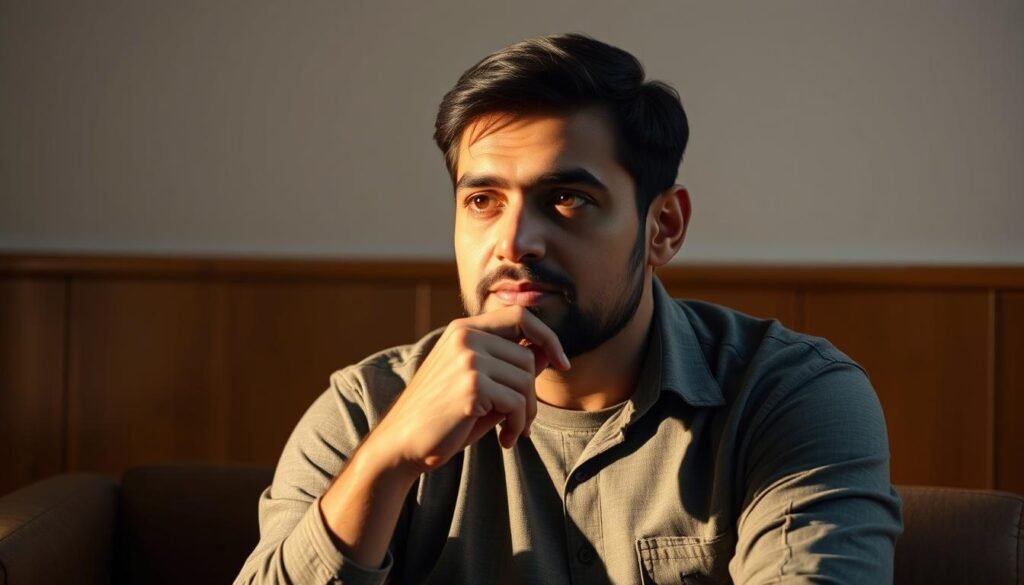 A pensive man sits in a contemplative pose, his hand thoughtfully resting on his chin. The lighting is soft and warm, casting gentle shadows that accentuate the contours of his face. His expression is one of deep concentration, as if he is pondering a profound question. The background is blurred, keeping the focus solely on the man's introspective gesture. The overall atmosphere is one of introspection and thoughtfulness, capturing the essence of the section title "أشهر المواقف التي يلمس فيها الرجل وجهه".