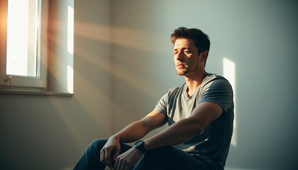 A pensive man sits in a serene, softly lit room, his expression conveying the weight of his emotional well-being. Gentle rays of sunlight filter through a window, casting a warm, introspective glow. The man's posture reflects a sense of vulnerability, as he contemplates the impact of love on his mental health. The background is minimalist, allowing the viewer to focus on the man's introspective state. The overall atmosphere is one of contemplation, sensitivity, and the delicate balance between the heart and the mind.