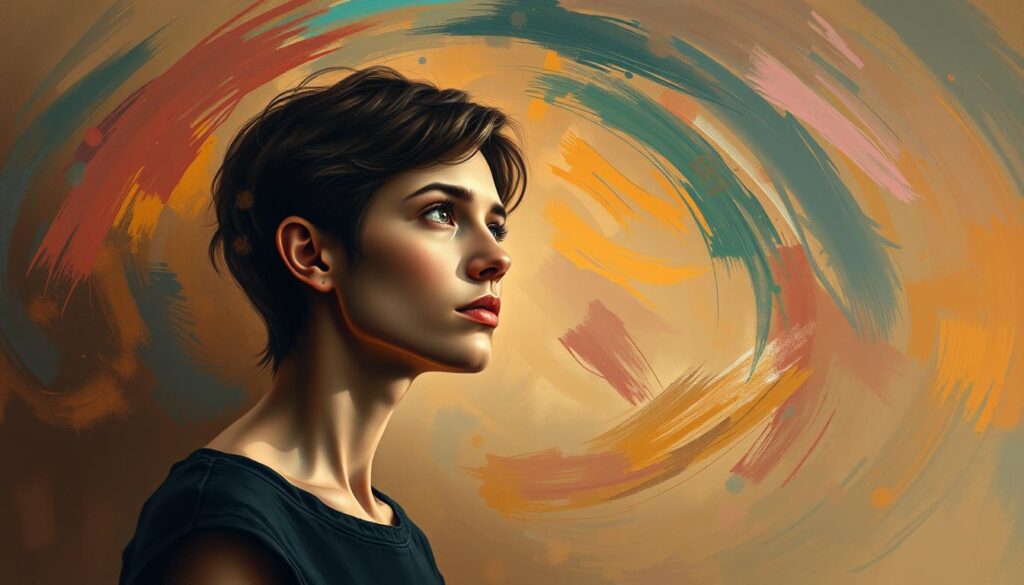 A pensive person, head tilted in contemplation, surrounded by a swirling sea of emotions represented by vibrant brushstrokes of color. Warm lighting casts a soft glow, creating a sense of introspection and self-awareness. The figure's expression conveys a deep understanding of their own and others' feelings, a key aspect of emotional intelligence. The background is blurred, putting the focus on the central character's nuanced emotional state. Painted in a semi-realistic, impressionistic style to evoke the complex, abstract nature of emotional intelligence.
