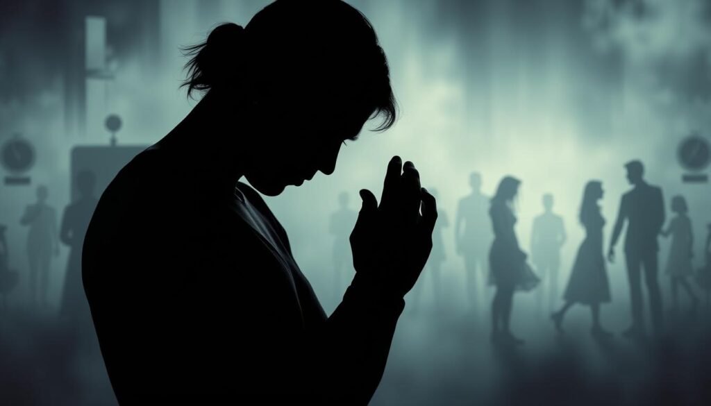 A pensive, shadowy figure stands in the foreground, hands clasped tightly, eyes cast downward. In the middle ground, fragmented reflections of distorted self-image, scales, and calorie-counting devices convey the internal turmoil of an eating disorder. The background is hazy, with faint outlines of societal pressures, family dynamics, and trauma-inducing events, creating an atmosphere of psychological complexity. Dramatic lighting and a somber color palette evoke the weight and seriousness of the subject matter. The overall composition reflects the multifaceted nature of eating disorder causes, blending personal struggles with external influences.