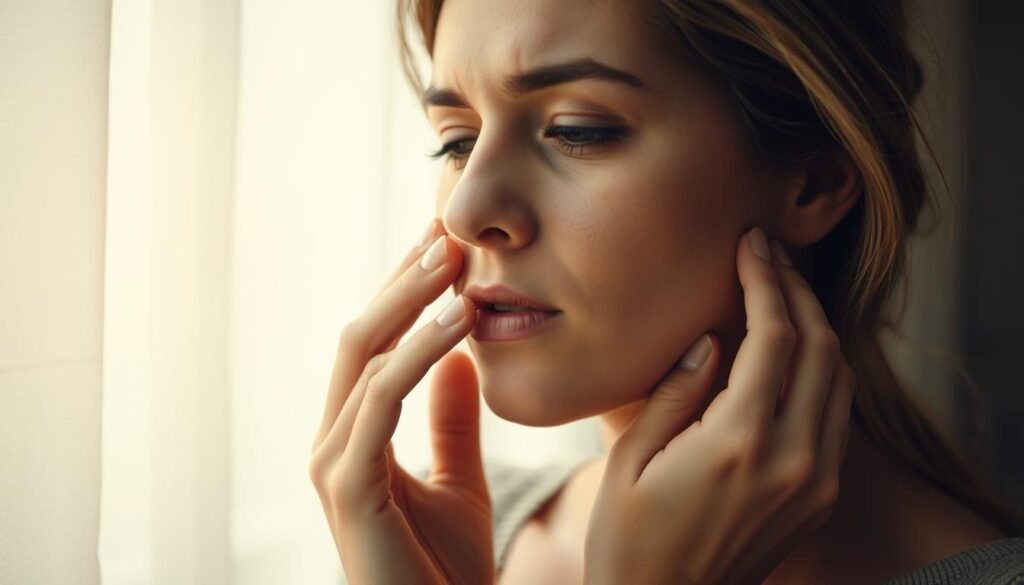 A pensive woman gently caresses her face, her fingers tracing the contours of her expression. Soft, warm lighting envelops her, creating an intimate, introspective atmosphere. Her body language conveys a range of emotional nuances - vulnerability, contemplation, and a hint of longing. The camera angle is slightly elevated, inviting the viewer to observe this moment of introspection. The background is subtly blurred, placing the focus on the woman's face and the expressive language of her touch. This image aims to capture the emotional resonance and the complex interplay of feelings that can be conveyed through the simple act of touching one's own face.