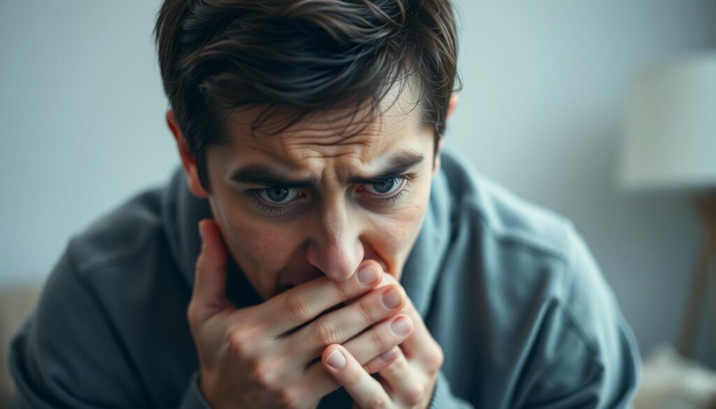 A person experiencing a panic attack, their face flushed with distress, eyes wide with fear, hands trembling. The body language conveys a sense of overwhelming anxiety, the person hunched over, trying to catch their breath. The scene is captured in a tight, close-up composition, with soft, natural lighting that accentuates the intensity of the moment. The background is blurred, creating a sense of isolation and focus on the individual's struggle. The overall tone is one of vulnerability and the physiological symptoms of a panic attack.