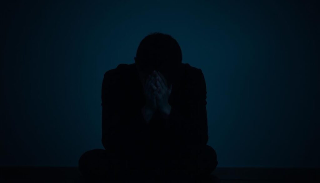 A person sitting alone in a dimly lit room, their face obscured by their hands as they struggle with intense emotional distress. The scene is bathed in a somber, muted color palette, with shadows casting a sense of vulnerability and isolation. The figure's posture conveys a sense of anguish and despair, highlighting the mental anguish and psychological turmoil they are experiencing. The camera angle is slightly low, emphasizing the sense of being overwhelmed and trapped in this emotional state. The overall atmosphere is one of deep sorrow and inner turmoil, reflecting the profound impact of false accusations on an individual's mental health and well-being.