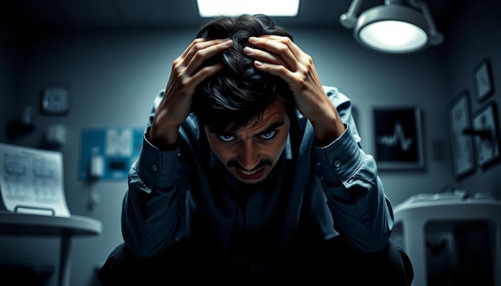 A person sitting hunched over, hands gripping their head in distress, eyes wide with panic. The background is a dimly lit, clinical setting - a doctor's office or hospital room, with medical equipment and charts visible. The lighting is harsh, casting dramatic shadows and highlighting the subject's anguished expression. The composition is framed tightly, creating a sense of claustrophobia and overwhelming anxiety. The color palette is muted, with shades of grey, blue, and white, conveying the sterile, overwhelming nature of the diagnostic experience. The overall mood is one of overwhelming dread and the overwhelming sensation of being trapped in a moment of crisis.