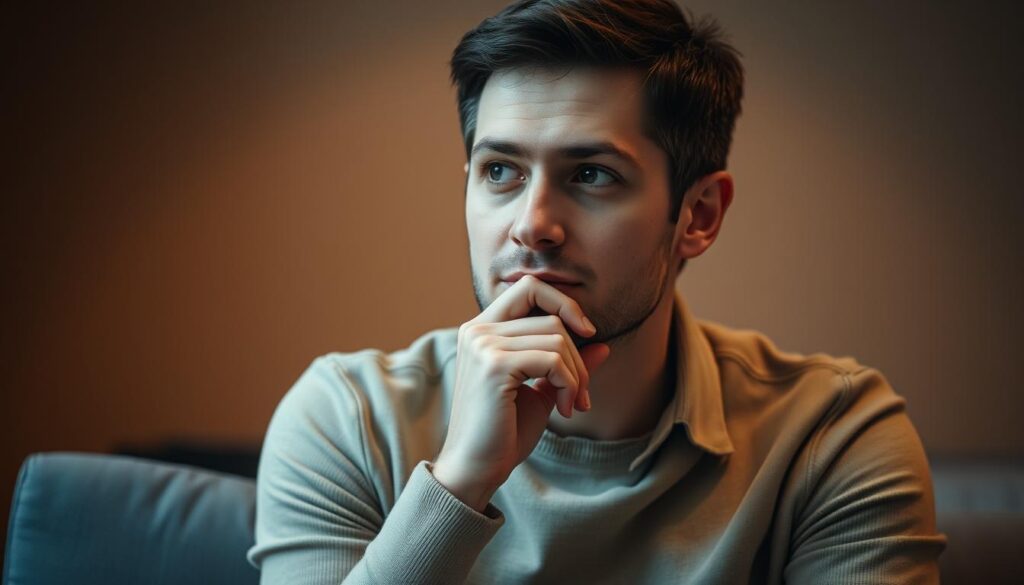 A person sitting in a thoughtful pose, with their hand gently resting on their chin. The subject is positioned in the center of the frame, with a soft, warm lighting illuminating their face. The background is subtly blurred, creating a sense of focus on the subject's expression and body language. The image conveys a sense of contemplation, introspection, and deep thought, capturing the essence of the nonverbal gesture of placing one's hand on the chin.