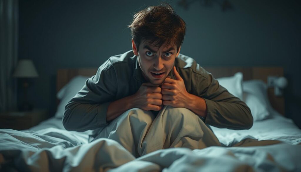 A person sitting on the edge of a bed, gripping the sheets tightly, eyes wide and panicked. The room is dimly lit, creating an atmosphere of unease and distress. The figure is rendered in a photorealistic style, with attention to details like facial expressions, wrinkled clothing, and trembling hands. The background is blurred, focusing the viewer's attention on the central figure and their overwhelming sense of fear and uncertainty about their treatment options.