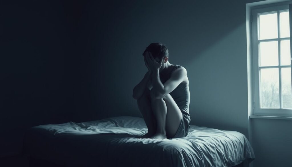 A person sitting on the edge of a bed, shoulders hunched, hands covering their face, as if overwhelmed by a weight on their mind. The room is dimly lit, casting a somber, melancholic atmosphere. The walls are bare, devoid of color, reflecting the emotional turmoil. The figure is rendered in a realistic, detailed style, with a sense of isolation and vulnerability palpable in their posture. Soft, diffused lighting from a window casts shadows that accentuate the sense of emotional burden. The scene conveys the physical and psychological symptoms of chronic stress, evoking a sense of emotional distress and inner turmoil.