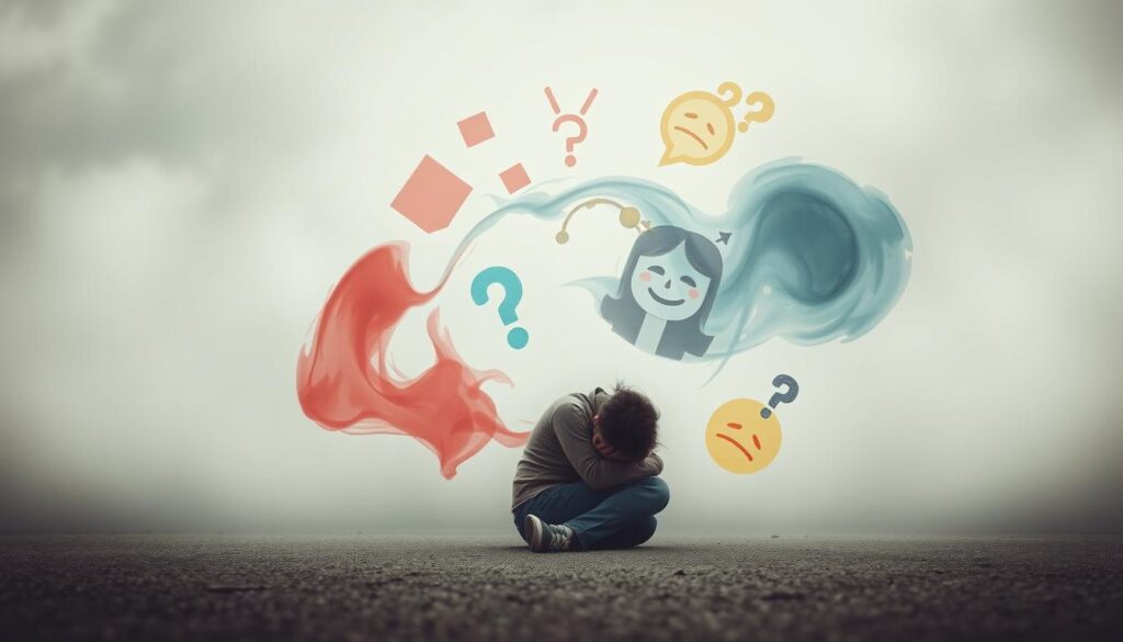 A person sitting on the ground, surrounded by a swirling vortex of emotions. In the foreground, the figure is curled up, their face hidden in their hands, conveying a sense of inner turmoil. The middle ground is filled with abstract shapes and colors, each representing a different emotion - anger, sadness, joy, fear, and confusion. The background is hazy and indistinct, creating a dreamlike, introspective atmosphere. Soft, muted lighting casts a pensive mood, as if the scene is unfolding in a quiet, contemplative moment. The overall composition suggests the challenge of navigating and reconciling the complexities of emotional experience.