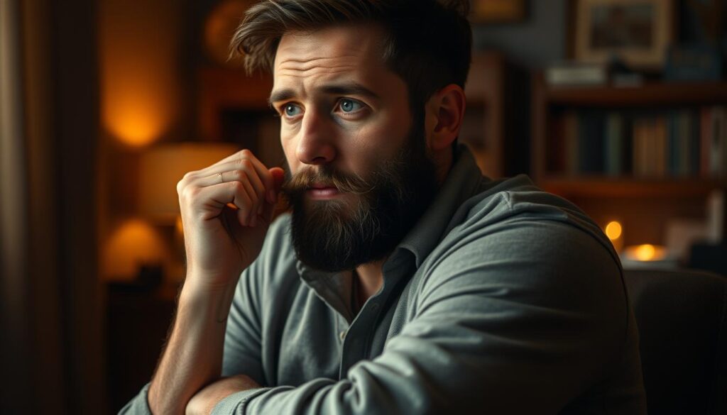 A person sitting thoughtfully, hand cupping their chin and gently stroking their beard, conveying a sense of deep contemplation. The scene is set in a dimly lit, cozy study, with warm lighting illuminating the subject's face, creating an atmosphere of introspection. The background is softly blurred, placing the focus on the subject's expressive gesture and the subtle nuances of their body language. Rendered in a realistic, high-resolution style that captures the delicate details of the subject's skin, facial features, and the texture of their clothing.