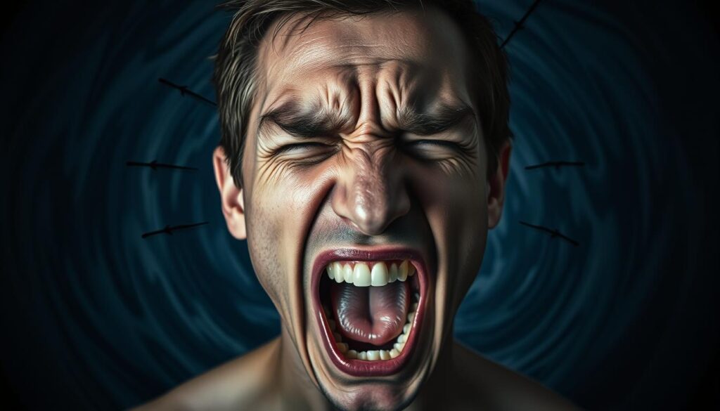 A person's face, contorted in anguish, eyes squeezed shut, brows furrowed, mouth open in a silent scream. Jagged, disjointed lines radiate outward, creating a sense of turbulence and internal chaos. The background is a swirling, almost abstract vortex of blues and grays, evoking a sense of overwhelming emotion and lack of control. Dramatic chiaroscuro lighting casts deep shadows, heightening the dramatic, unsettling atmosphere. The overall impression is one of emotional dysregulation - a powerful, visceral depiction of the inner turmoil and loss of emotional equilibrium.