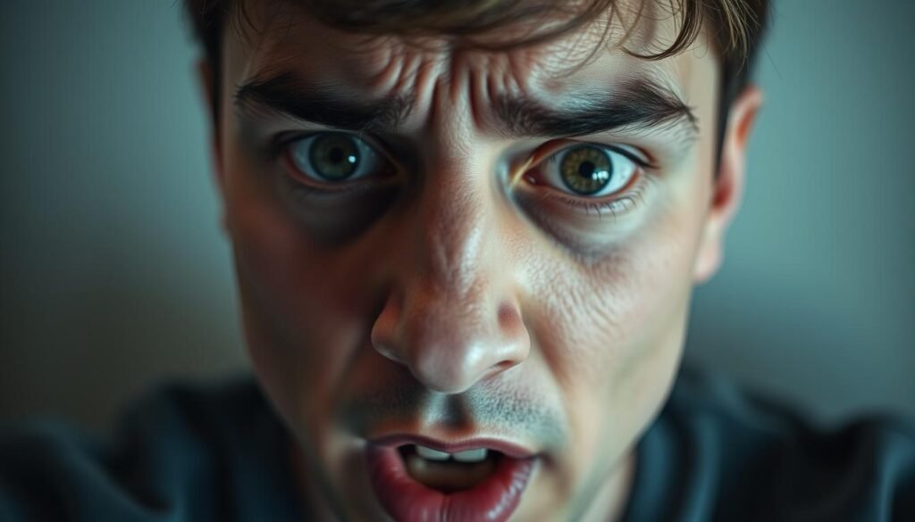 A person's face in close-up, eyes wide open, brow furrowed, mouth slightly agape, conveying a sense of intense anxiety and panic. The subject's expression is the focal point, occupying the foreground, with a blurred, muted background to emphasize the emotional intensity. Soft, diffused lighting casts subtle shadows, accentuating the facial features and creating a pensive, introspective mood. The overall composition is tightly framed, creating a sense of intimacy and vulnerability, reflecting the internal experience of a silent anxiety attack.