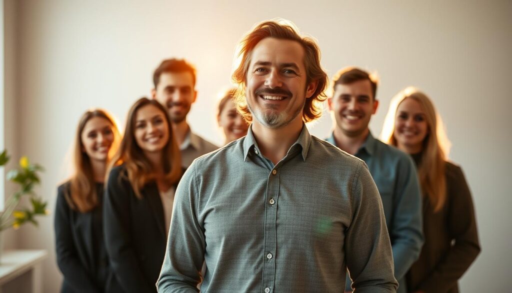 A poised leader stands at the forefront, radiating warmth and empathy. Behind them, a team gathers, their faces alight with trust and understanding. The scene is bathed in soft, golden light, conveying a sense of guidance and connection. In the background, a minimalist office setting suggests a modern, innovative workspace. The composition exudes a harmonious balance, capturing the essence of emotional intelligence in leadership - a fusion of interpersonal skills, self-awareness, and the ability to inspire and empower others.
