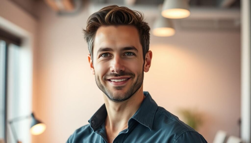 A portrait of Noah Kagan, the charismatic entrepreneur and co-founder of AppSumo, standing in a well-lit office with a confident, approachable demeanor. His face is in sharp focus, his eyes sparkling with determination, as he gazes directly at the camera. The background is blurred, suggesting a modern, minimalist workspace, with clean lines and subtle, warm lighting that accentuates his features. The overall mood is one of professionalism, innovation, and entrepreneurial spirit, capturing the essence of the man behind the AppSumo brand.