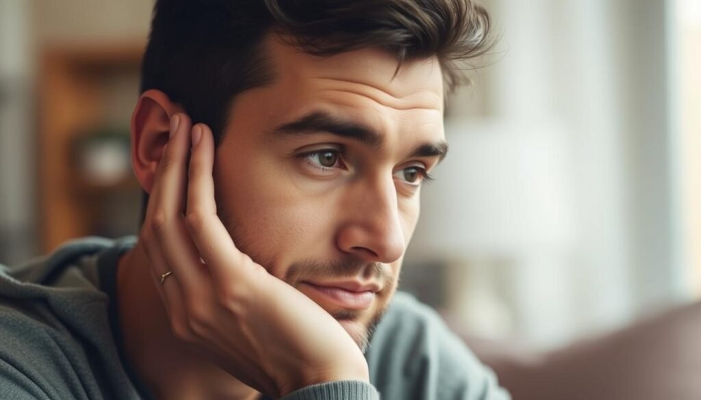 A portrait of a man thoughtfully resting his hand on his cheek, depicting different interpretations of this body language gesture. The subject is shown in a warm, natural lighting, with a serene, contemplative expression. The composition focuses on the man's face and hand, with a soft, blurred background that hints at a cozy, indoor setting. The image conveys a sense of introspection and subtlety, inviting the viewer to explore the nuanced meanings behind this common human gesture.