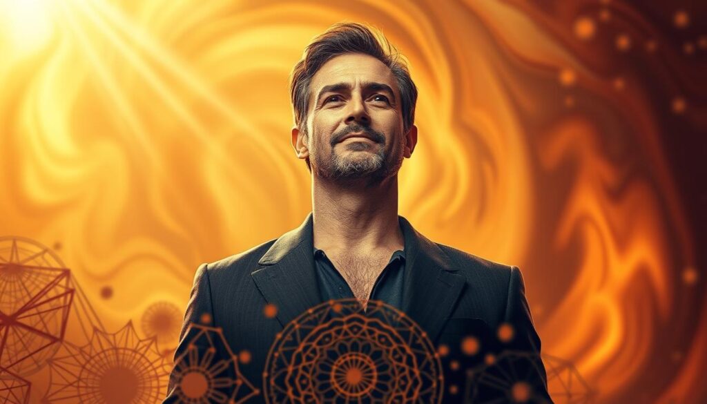 A powerful leader stands tall, radiating confidence and calm amidst a swirling, emotive backdrop. Their face reflects deep understanding, empathy, and the ability to connect with others on a profound level. Warm, golden light cascades over the scene, highlighting the leader's poise and inner strength. In the foreground, intricate patterns and shapes symbolize the complex, interconnected nature of emotional intelligence, while the blurred, dreamlike environment evokes the intuitive, almost ethereal qualities of this essential skill. The composition conveys a sense of balance, harmony, and the transformative power of emotionally intelligent leadership.
