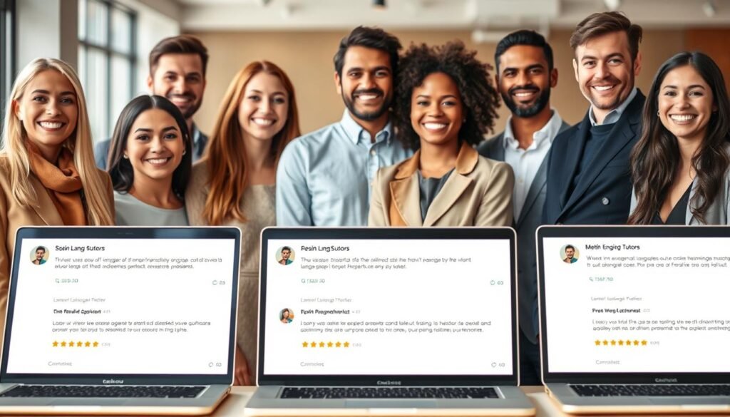A professional and well-reviewed language tutoring service is depicted in this image. In the foreground, a group of diverse tutors are shown, each with a warm and friendly expression, conveying their expertise and dedication to their students. The tutors are dressed in smart, casual attire, creating a welcoming and approachable atmosphere. In the middle ground, there are several laptop screens displaying positive reviews and ratings, highlighting the high-quality service provided by these qualified language instructors. The background features a blurred, modern office setting, suggesting a professional and trustworthy learning environment. The lighting is soft and natural, creating a pleasant and inviting mood. The overall composition emphasizes the qualified and experienced nature of the language tutors, as well as the platform's commitment to providing excellent service.