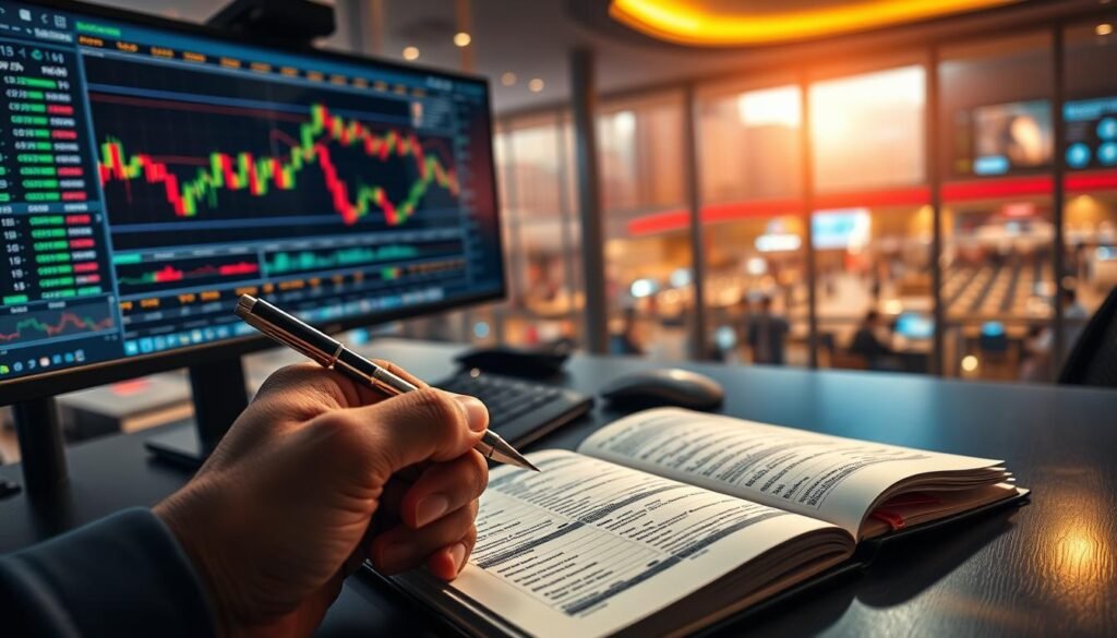 A professional trading desk with sleek monitors displaying stock charts and technical indicators. In the foreground, a hand holding a pen hovers over a notebook filled with detailed trading strategies and notes. The lighting is a warm, focused glow, casting a contemplative atmosphere. In the background, a panoramic window overlooks the bustling Nifty 50 stock exchange, emphasizing the gravity of the trading decisions. The scene conveys the combination of analytical rigor, market awareness, and strategic thinking required to successfully navigate the Nifty 50 index.