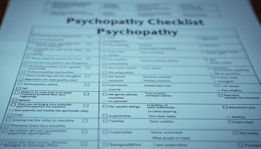 A psychopathy checklist, rendered in a clinical and professional style. The foreground features a neatly organized table with rows of checkboxes and concise descriptions of psychopathic traits. The middle ground shows a neutral-toned background, perhaps a paper or digital document, creating a sense of formality and objectivity. The lighting is soft and even, illuminating the checklist with a sense of clarity and focus. The overall mood is one of clinical detachment, reflecting the diagnostic nature of the subject matter. The angle is slightly elevated, giving the viewer a sense of authority and expertise.