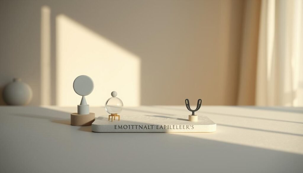 A realistic still life composition depicting the four key components of emotional intelligence - self-awareness, self-regulation, motivation, and empathy. The scene is lit by soft, natural light, creating a serene and contemplative atmosphere. In the foreground, a minimalist arrangement of abstract shapes and symbols represents the different facets of emotional intelligence. The middle ground features subtly textured surfaces, hinting at the depth and nuance of these psychological concepts. In the background, a blurred, muted color palette evokes the introspective nature of emotional self-development. The overall composition conveys a sense of balance, harmony, and the interconnectedness of the various emotional intelligence competencies.
