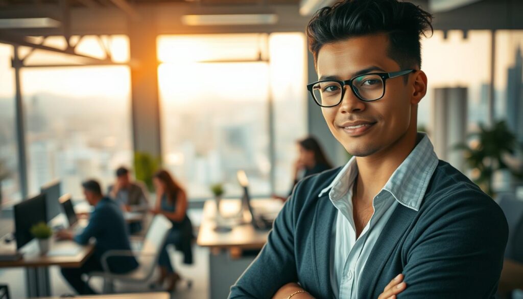 A resilient and adaptable employee navigates a dynamic workspace. In the foreground, the worker deftly balances multiple tasks, seamlessly transitioning between projects with a calm determination. Their posture is upright, exuding confidence and focus. The middle ground reveals a bustling office environment, with colleagues collaborating and problem-solving together. Soft, warm lighting filters through the windows, creating a sense of productivity and camaraderie. In the background, a cityscape stretches out, hinting at the ever-changing nature of the modern workplace. The overall scene conveys a harmonious blend of individual resilience and the collective adaptability required to thrive in today's business landscape.