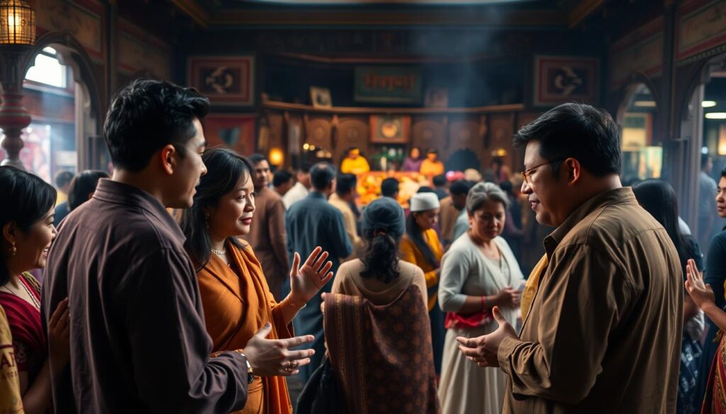 A richly textured scene depicting cultural cues in body language. In the foreground, a group of people from diverse backgrounds engaged in animated conversation, their hands and faces conveying subtle gestures and expressions unique to their cultural heritage. The middle ground features a bustling marketplace, where individuals from various ethnicities interact, their body movements and postures reflecting the customs and traditions of their respective societies. In the background, architectural elements and atmospheric lighting set the stage, lending an air of authenticity and cultural immersion. The scene should be rendered with a high level of detail, capturing the nuances of nonverbal communication across different cultures.