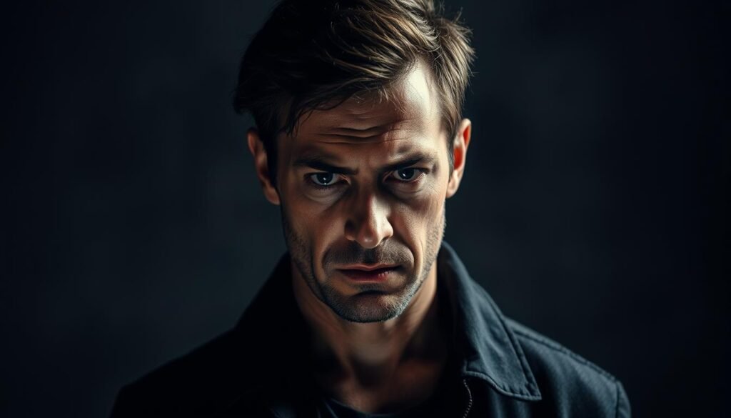 A self-centered individual stands alone, their gaze fixated inwardly, oblivious to their surroundings. The harsh lighting casts dramatic shadows, emphasizing their sharp, angular features and exaggerated expressions. The background is hazy and indistinct, focusing the viewer's attention on the subject's overpowering sense of self-importance. The composition is tightly framed, creating a sense of isolation and detachment, reflecting the narcissistic personality's lack of empathy and disregard for others. The overall mood is one of cold, aloof superiority, capturing the essence of narcissistic personality disorder.