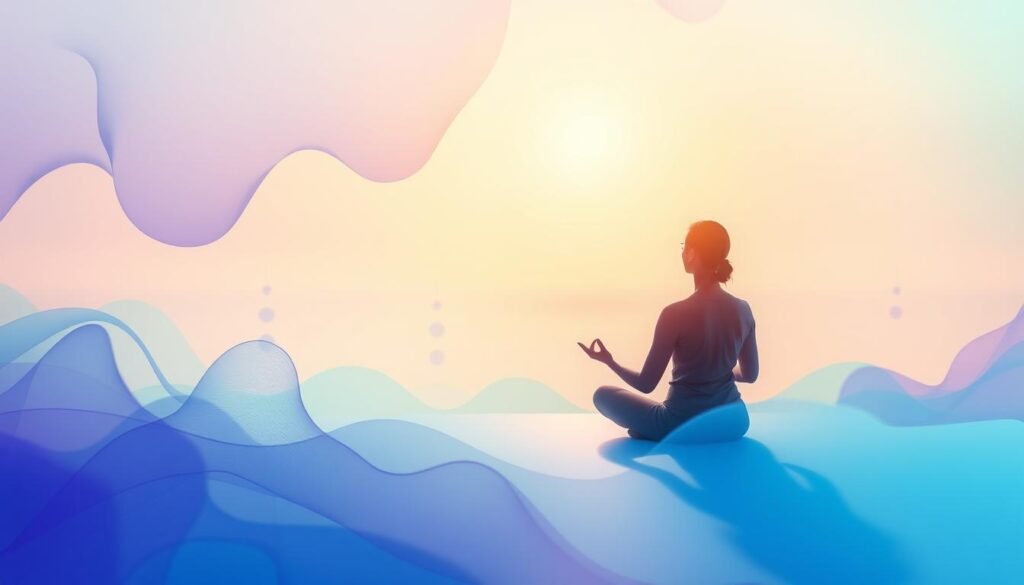 A serene and calming scene of vibrant, soothing colors. In the foreground, a meditative figure sits cross-legged, their eyes closed in a state of tranquility, surrounded by a soft, warm glow. In the middle ground, abstract shapes and patterns in shades of blue, green, and purple flow and dance, creating a sense of movement and fluidity. The background is a gradient of pastel hues, fading into a distant horizon, evoking a sense of boundless peace and harmony. The lighting is soft and diffused, casting a gentle, therapeutic ambiance. Captured with a wide-angle lens to convey a sense of expansiveness and wholeness.
