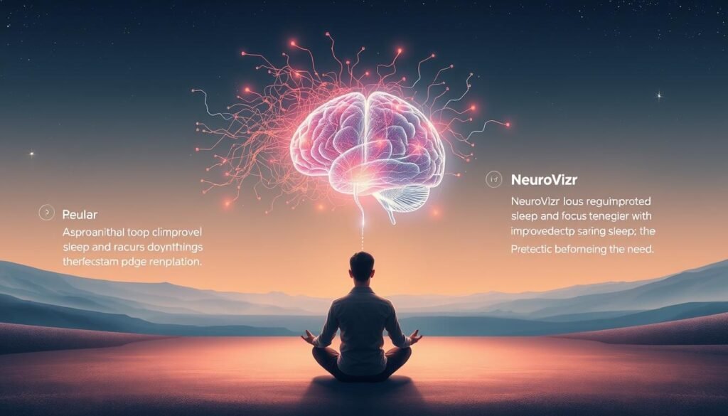 A serene and contemplative illustration depicting the key benefits of NeuroVizr, a neural visualization technology. In the foreground, a person meditating in a lotus position, their mind enveloped in a swirling array of colorful neural pathways and synaptic connections. The middle ground showcases a glowing, holographic representation of the human brain, highlighting regions associated with improved sleep and focus. The background features a calming, minimalist landscape with soft lighting and a gentle, dreamlike atmosphere, emphasizing the restorative and rejuvenating power of NeuroVizr. The overall composition conveys a sense of balance, clarity, and the harmonious integration of the mind, body, and technology.