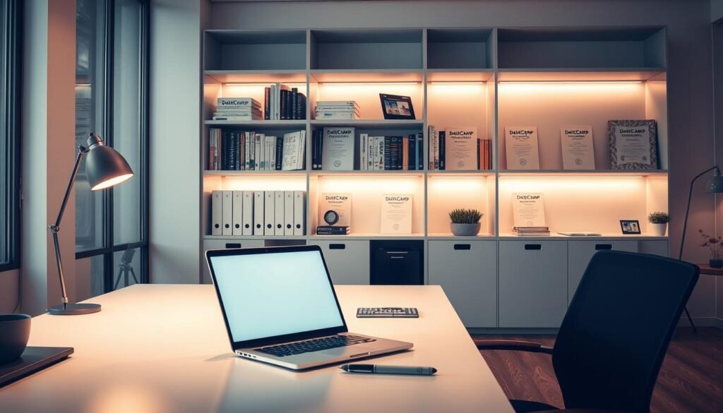 A serene and immersive office scene, with a large, well-lit desk showcasing a modern laptop and various office supplies. In the background, a sleek, minimalist bookshelf displays a selection of textbooks and certifications, including the DataCamp skill tracks and certifications. The lighting is soft and warm, creating a professional yet inviting atmosphere. The overall composition is balanced and visually appealing, highlighting the key features of DataCamp's educational offerings in an elegant and refined manner.