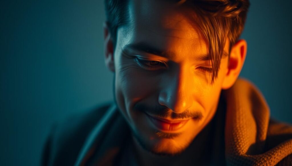 A serene and introspective portrait of a man, his expression radiating a sense of inner peace and emotional fulfillment. The lighting is soft and warm, casting a gentle glow on his features, highlighting the calm, contemplative look in his eyes. The background is subtly blurred, placing the focus on the man's face and creating a sense of intimacy. The overall mood is one of contentment and emotional well-being, conveying the healthy, positive influence of love on his psyche.