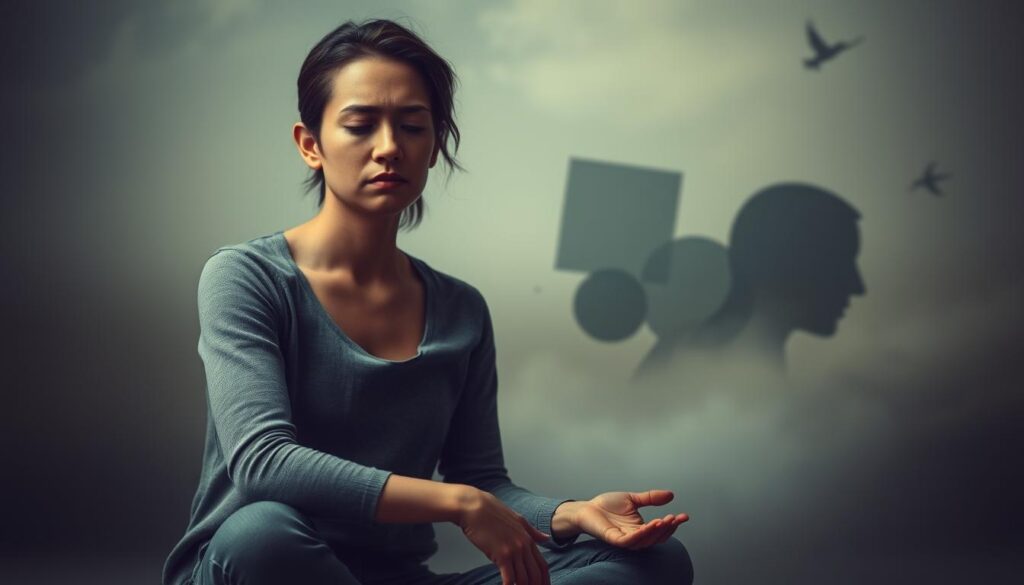 A serene and introspective scene depicting the key symptoms of recurrent sighing. In the foreground, a person sits in a meditative pose, their face expressing a pensive, weary expression. Subtle tension is conveyed through furrowed brows and a slight downturn of the lips. The middle ground features a muted, atmospheric environment, with muted colors and soft, diffused lighting creating a sense of melancholy. In the background, abstract shapes and forms evoke the idea of mental and emotional turbulence, hinting at the underlying causes of the recurrent sighing. The overall composition and mood aim to visually capture the experience of this common, yet complex psychological phenomenon.