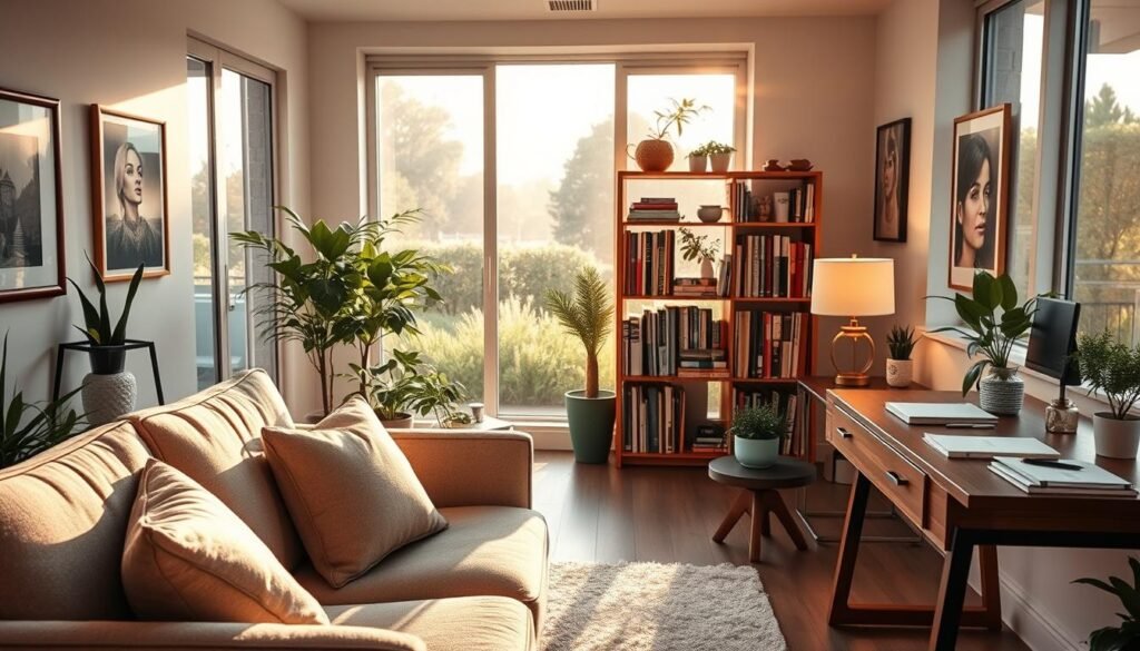 A serene and welcoming therapy office, filled with natural light streaming through large windows. In the foreground, a comfortable couch adorned with plush cushions invites patients to feel at ease. A therapist's desk stands nearby, its surface organized with notebooks, pens, and a warm desk lamp. Potted plants and soothing artwork decorate the room, creating a calming atmosphere. The middle ground features a bookshelf lined with psychology volumes, suggesting a wealth of knowledge and resources. The background showcases a tranquil outdoor scene, perhaps a garden or park, visible through the windows, hinting at the potential for personal growth and healing. The overall scene conveys a sense of safety, compassion, and the promise of effective treatment for Narcissistic Personality Disorder.