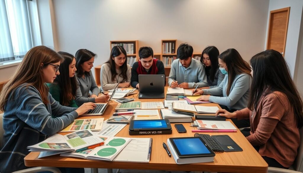 A serene classroom setting with students gathered around a table, carefully examining different educational course options. The foreground features a spread of brochures, laptops, and notepads, conveying the process of research and decision-making. The middle ground showcases a variety of learning materials, including textbooks, tablets, and stationery, representing the diverse educational resources available. The background depicts a warm, inviting atmosphere with soft lighting and a neutral color palette, creating a contemplative and focused environment. The overall composition emphasizes the thoughtful selection of the appropriate educational course, capturing the essence of the "مقارنة بين أنواع الدورات" section.