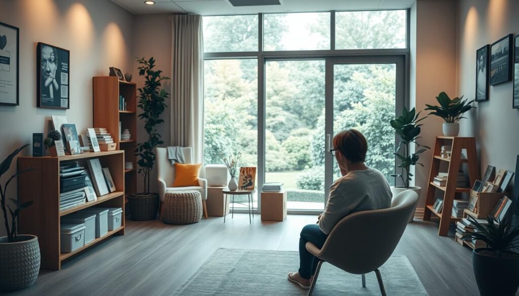 A serene clinic interior with an inviting, warm atmosphere. In the foreground, a therapist sitting across from a patient, engaged in a thoughtful discussion. Neutral tones and gentle lighting create a sense of comfort and safety. In the middle ground, various treatment modalities are displayed - from cognitive-behavioral therapy materials to art supplies, suggesting a holistic, personalized approach. The background features a large window overlooking a tranquil garden, evoking a feeling of connection to nature and inner peace. The overall scene conveys a sense of hope, empowerment, and the compassionate care available for those seeking mental health treatment.