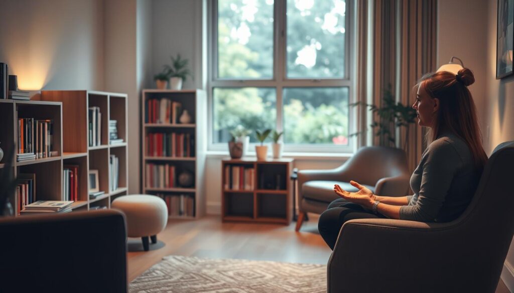 A serene clinical setting, dimly lit with soft, warm lighting casting a calming glow. In the foreground, a patient sits comfortably on a plush armchair, engaged in a mindfulness exercise with a therapist. Their expressions are contemplative, conveying a sense of focus and control. The middle ground features a bookshelf filled with self-help resources, while the background showcases a tranquil garden view through large windows, symbolizing the journey of healing and growth. The overall atmosphere exudes a sense of safety, support, and the empowerment of the individual in their pursuit of managing OCD.
