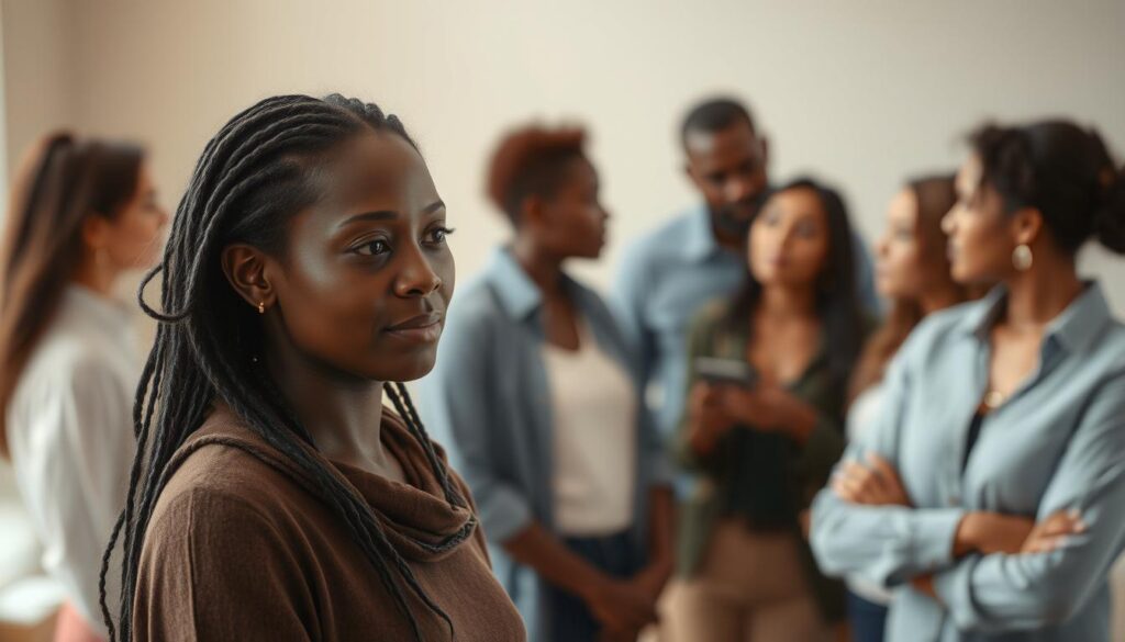 A serene, compassionate figure stands in the foreground, their expression conveying deep empathy and emotional understanding. In the middle ground, a diverse group of individuals engage in thoughtful dialogue, their body language and facial cues reflecting a profound connection. The background is softly blurred, creating a sense of focus and intimacy, as if the viewer is drawn into this moment of emotional intelligence. Gentle, warm lighting envelops the scene, evoking a sense of comfort and understanding. The overall composition and atmosphere convey the power of empathy to bridge divides and foster meaningful human connections.