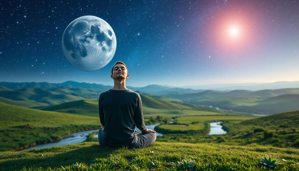 A serene, contemplative scene depicting mental health awareness. In the foreground, a person sits cross-legged, eyes closed, hands resting on their lap, exuding a sense of inner peace and mindfulness. The middle ground features a lush, verdant landscape with rolling hills and a tranquil stream, symbolizing the natural world's healing power. The background showcases a vibrant, starry night sky, its luminous celestial bodies reflecting in the calm waters, conveying a sense of ethereal, holistic wellbeing. Soft, warm lighting illuminates the scene, creating a calming, introspective atmosphere. Captured with a wide-angle lens to emphasize the expansive, interconnected nature of mental health.