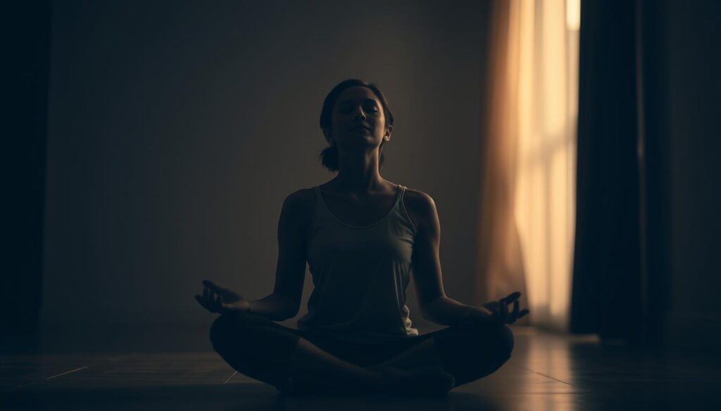 A serene, dimly-lit interior scene, with a person sitting cross-legged on the floor, their eyes closed in contemplation. Soft, diffused light filters through a window, casting a warm, golden glow on their face. The background is blurred, creating a sense of focus and introspection. The figure's expression is one of calm, their features relaxed, symbolizing the practice of emotional regulation and mindfulness. The overall atmosphere is one of tranquility and inner peace.